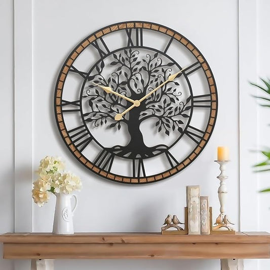 Micasso Rustic Oversize Wall Clock: 35Inch Farmhouse Tree of Life Metal with Wood Frame - Vintage Battery Operated Wall Clocks for Bedroom/Fireplace/High-Ceiling - Home Decor for Interior Designers