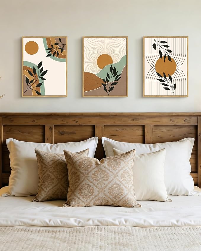 PHOPAGO Boho Abstract Wall Art Botanical Mid Century Modern Framed Wall Printing Neutral Geometric Prints Bohemain Sage Decor for Farmhouse Kitchen - 11x14in Natural Framed