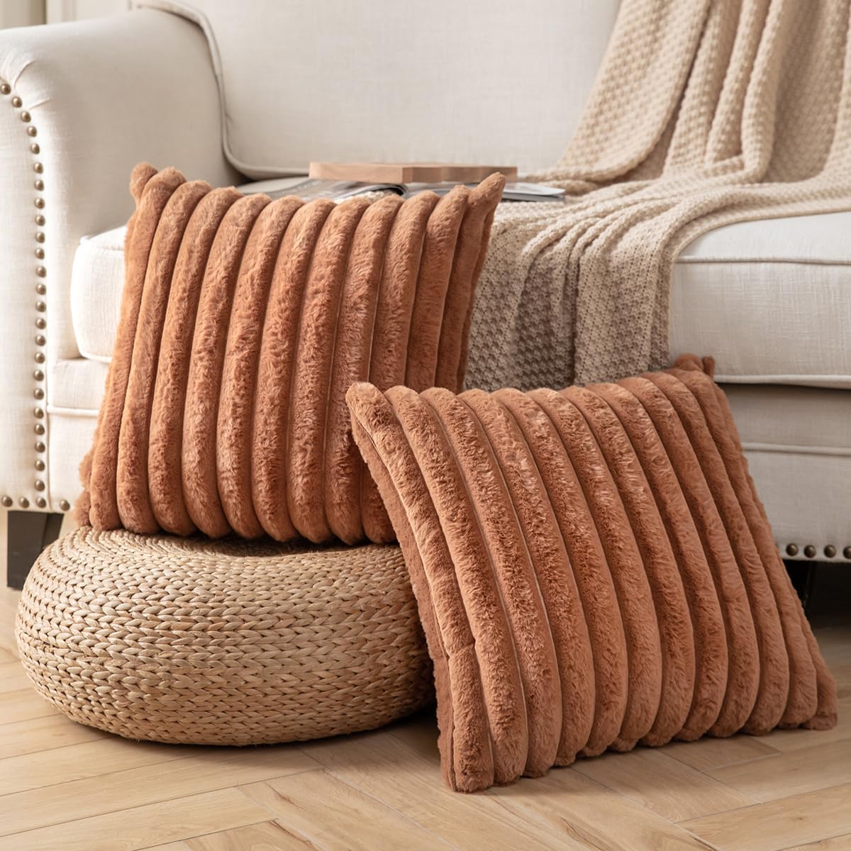 DEELAND Pack of 2,Double-Sided Faux Fur Plush Decorative Throw Pillow Covers Fuzzy Striped Soft Pillowcase Cushion Covers for Sofa Couch Bedroom Brown 24x24 inch