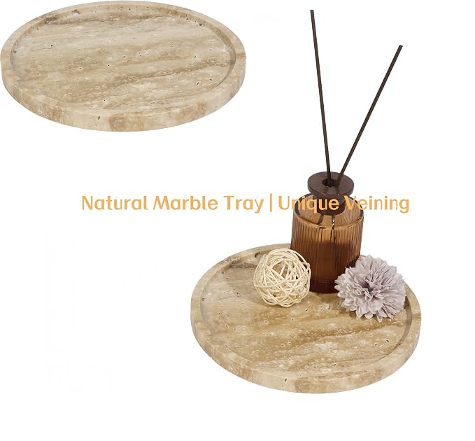 Natural Marble Vanity Tray, Round, 8.3 Inch, with Anti-Slip Pads, for Bathroom, Jewelry, Perfume Display, Coffee Table Decor (Travertine)