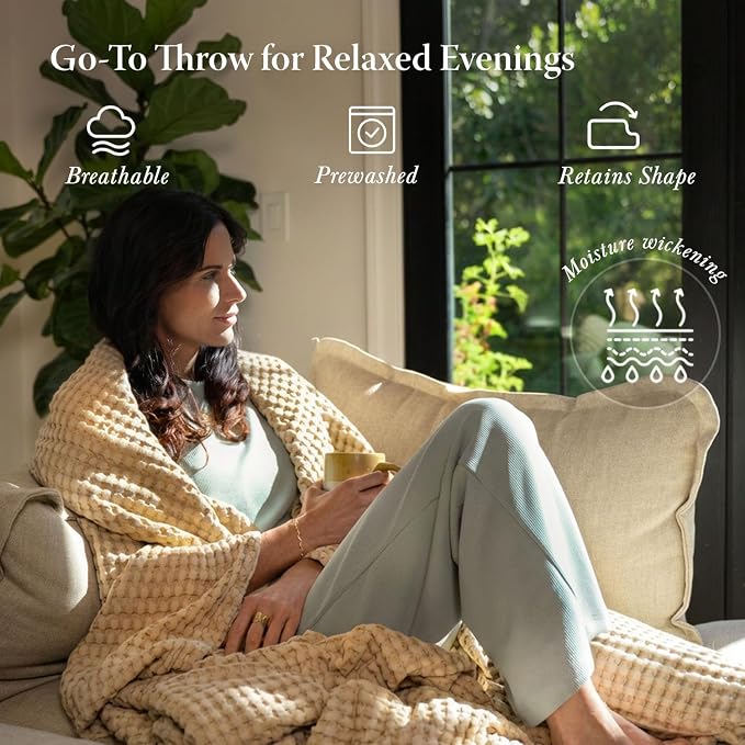 Threadmill Cooling Blanket Twin Size Waffle Weave| Breathable, Lightweight & Ultra-Soft | Made from Rayon Derived from Bamboo | Waffle Throw for Couch and Sofa | 68 x 92 Inches | Beige