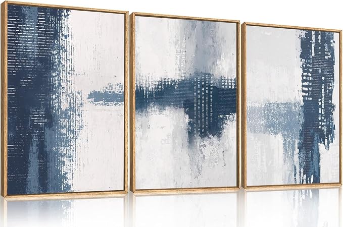 Large Abstract Navy Blue Grey Framed Canvas Wall Art Set,Neutral Minimalist Brush Stroke Wall Decor,Modern Blue Color Block Artwork for Living Room,Bedroom,Dining Room,Office-24 x36 x3