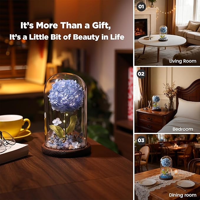 Forever Hydrangeas in Glass Dome,Forever Preserved Flowers Gifts Mothers Day Birthday for Grandma Women Mom Wife,Fresh Flowers for Delivery/Blue Hydrangea
