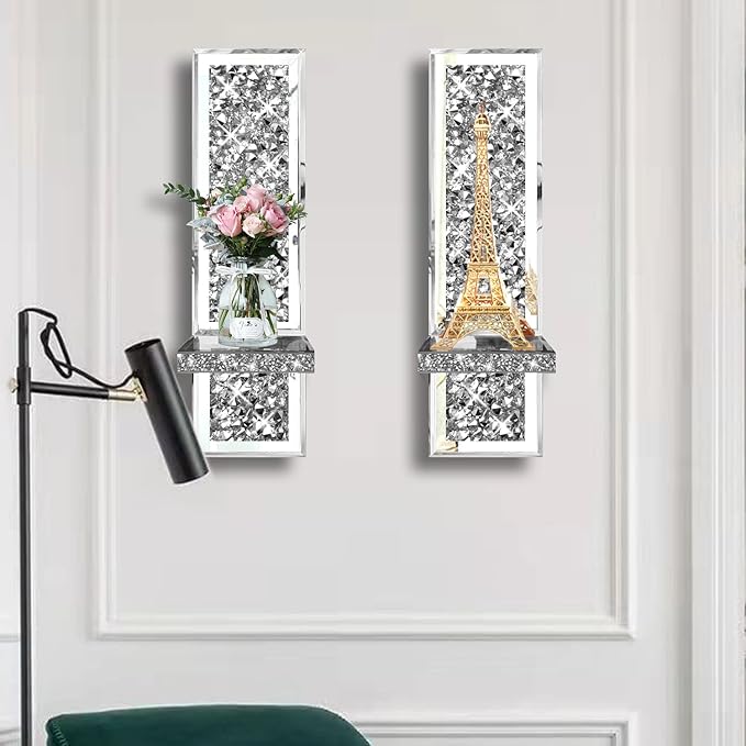 ZOLAPI Set of 2 Crystal Crush Diamond Candle Sconces, Gorgeous Silver Mirrored Wall Sconce, Candle Holder Glass Wall Decorations for Home Décor, Living Room, Dining Room.