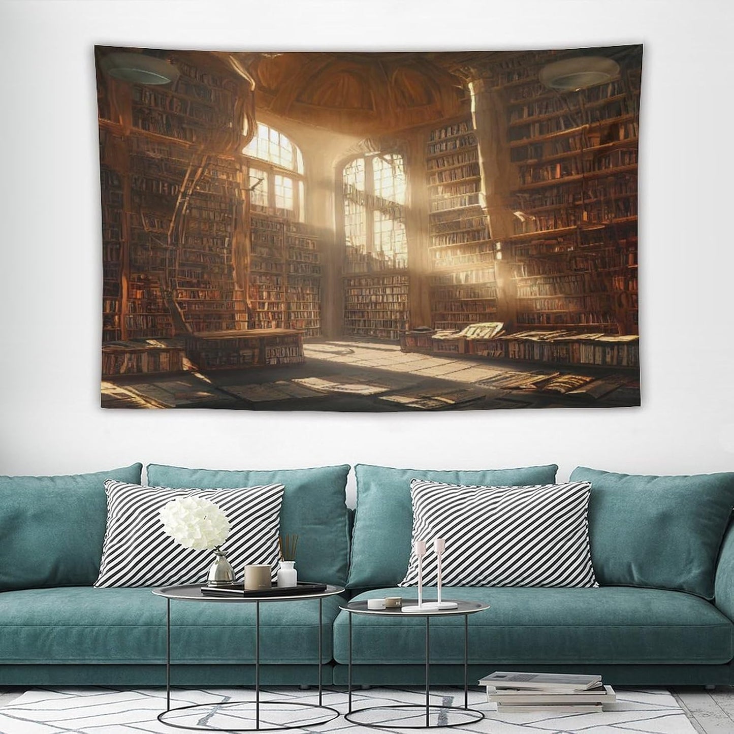 Kurtect Retro Bookshelf Tapestry,Medieval Mid Century Library Building Pattern Print Tapestries for Party Beach Picnic Blankets Tablecloths Living Room Wall Deocr, 60x90 in