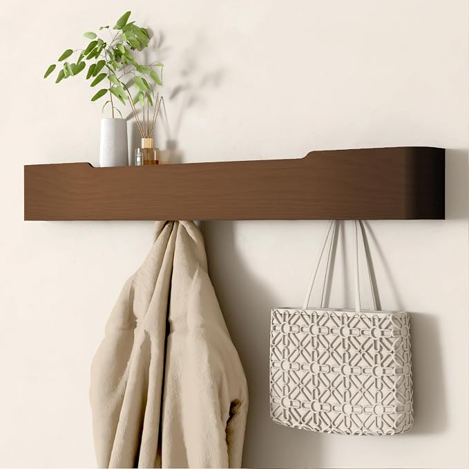 Wall Mounted Coat Rack with Shelf, Wooden Entryway Organizer with Hidden Metal Hooks for Hanging Coats Bags Keys, Modern Floating Shelf for Hallway Bathroom