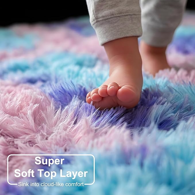 Amdrebio Purple Rainbow Round Area Rug 7Ft for Girls Bedroom Living Room Decor, Mermaid Stitch Frozen Kids Rugs for Playroom Nursery Classroom, Fluffy Fuzzy Cute Plush Carpet, Large Big Circle Rug