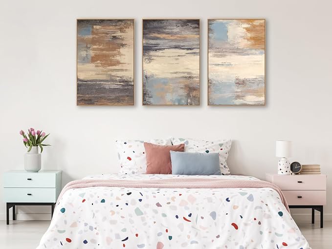Large Framed Canvas Wall Art - Natural Float Framed Colorful Pictures for Living Room Decor Contemporary Brown Beige Grey Lines Artwork for Bedroom Kitchen Home Office Decoration 96" X 48" Set of 3