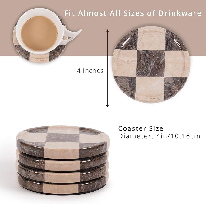 Marble Coasters Set of 4, Oceanic & Verona Handmade 4 inch Round Stone Coaster, Decorative Cup Coaster Plates for Dining Table, Housewarming Gift & Luxury Kitchen Accessories