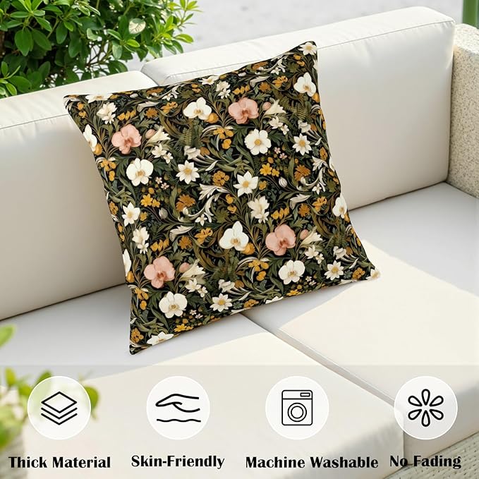 Vintage Flower Pillow Covers 20x20 Botanical Print Throw Pillow Covers Spring Summer Black Floral Pillow Cases Boho Wildflower Cushion Case for Home Bedroom Couch Decor 2 Pack