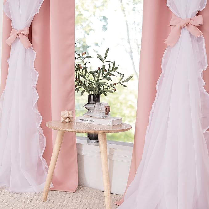 PONY DANCE Coquette Style Curtains for Girls'Bedroom Decorative Drapes for Kids Double Layer Curtain Ruffle Sheer Overlay Room Darkening Pretty Chic Princess, 52x63 inch, Blush Pink, 2 PCs