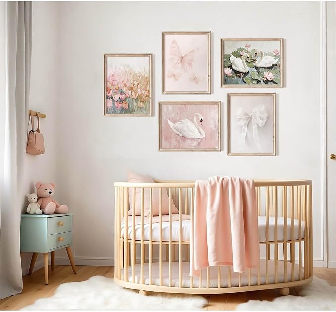 Coquette Pink Wall Art Decor Aesthetic Swan Posters Bow Flower Canvas Wall Art Preppy Cute Pictures Trendy Butterfly Posters Coquette Aesthetic Prints for Girl Dorm Room Bedroom 12x16x5 Inch Unframed