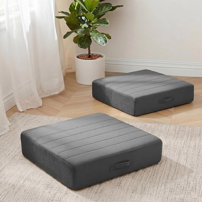 MeMoreCool Square Floor Pillows for Adults Kids, 2 Sets Large Meditation Cushion with 5" Thick Foam and Washable Tufted Cover, 22 Inch Grey Seat Floor Cushions for Sitting and Yoga