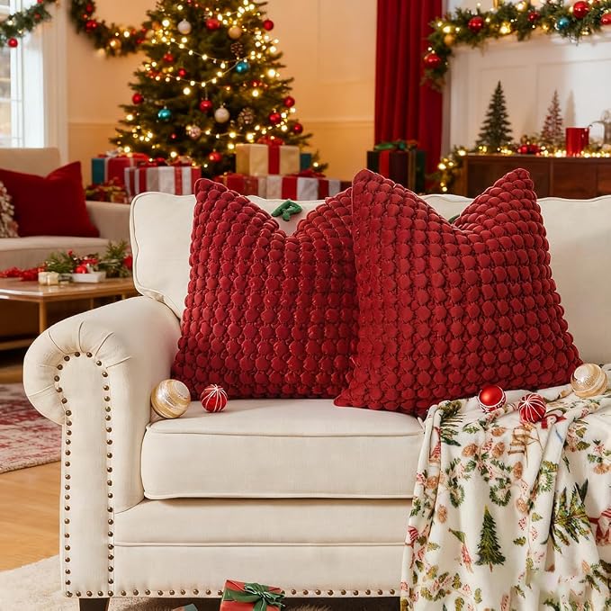 Pillow Cover 24x24 1 Piece Velvet Euro Sham Decorative Farmhouse Pillowcase Boho Square Cushion Covers Soft Bubble Texture for Couch Sofa Bed Bedroom Car Living Room，Red