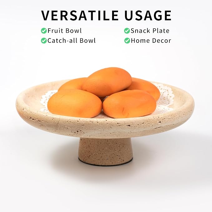 Marble Fruit Bowl for Kitchen - 9.9" Travertine Decorative Stone Pedestal Bowls for Home Decor, Footed Fruits Holder For Dining Table Counter Organization