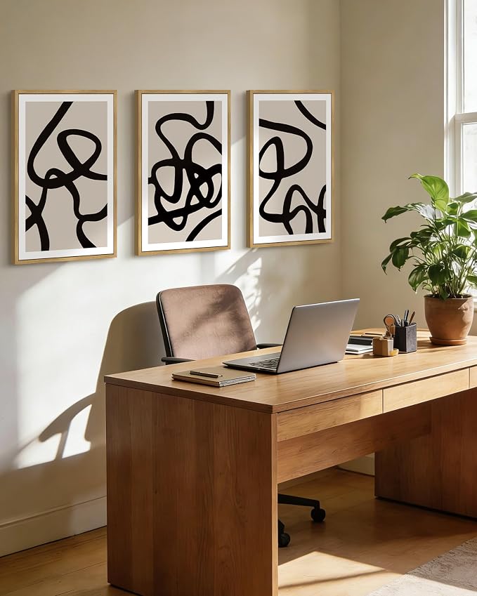PHOPAGO Black and Gray Abstract Framed Wall Art Large 16x24in Decor Ink Wash Dark Brush Stroke Prints Shapes Illustrations Modern Art Decorative Ready To Hang - Natural Framed
