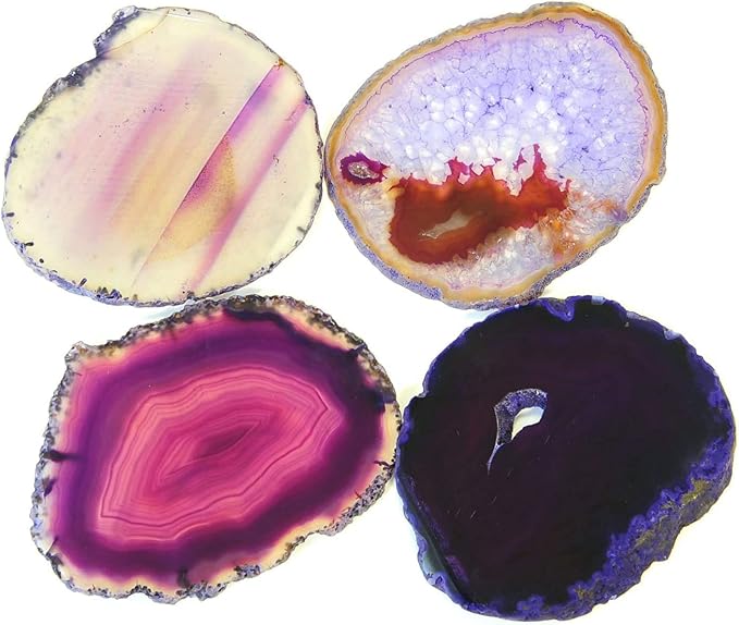 JIC Gem 3-3.5'' Purple Dyed Agate Coasters Sliced Small Size Brazilian Natural Agate Geode Polished with Rubber Bumpers Home Decoration Set of 4