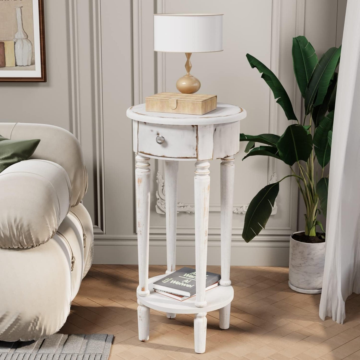 COSIEST Tall End Table with Drawer, Round Nightstand with Storage Shelf, Industrial Telephone End Table for Living Room, Bedroom, Hall Way, Space Saving Beige