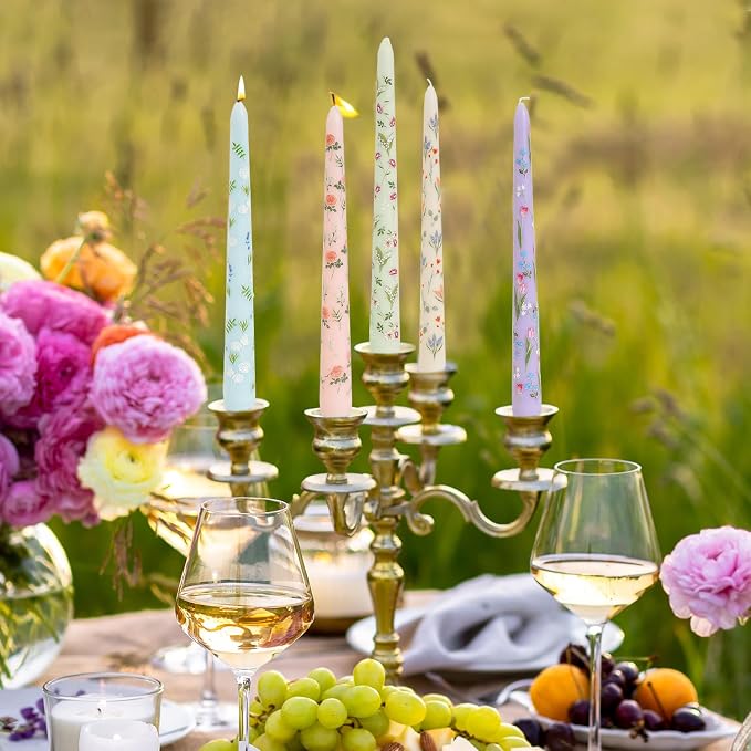 Sungmor Pretty Floral Taper Candlesticks, Beautiful 5-Color Decal Craft, 10" Long Decorative Candle, Scented & Colored Tall Candlestick, Long Burning & Smokeless Tapered Holiday Party Celebrate Candle