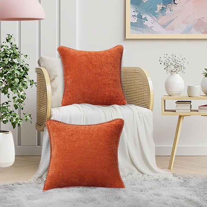decorUhome Chenille Soft Cozy Throw Pillow Covers 26x26 Set of 2, Modern Farmhouse Boho Velvet Decorative Euro Sham Pillow Cases with Stitched Edge for Couch Sofa Bed Home Decor, Rust