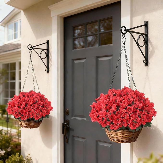 YXZZWL 8 Bundles Artificial Flowers for Front Door, Fake Silk Azalea Bouquet Silk Flowers for Outside UV Resistant Realistic Faux Plants for Planter Farmhouse Patio Garden Walkways Home Decor (Red)