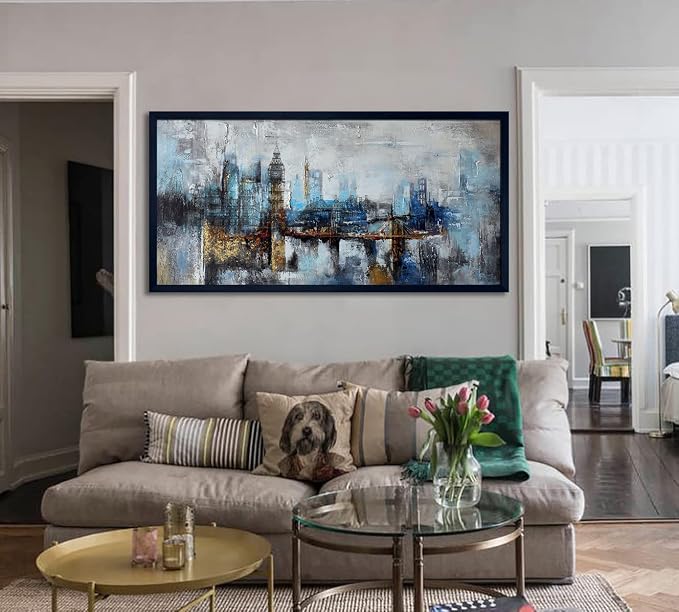 Large Wall Art for Bedroom Abstract City View Canvas Art Gray Blue Buildings Prints for Bedroom Wall Art Office Artwork Wall Decor for Living Room Decor 29x58 inches Black Framed