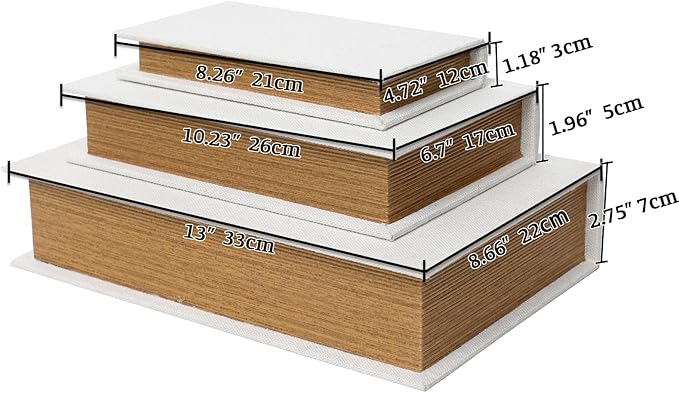 DECOR4SEASON Decorative Book Boxes Set of 3 – Modern Faux Linen & Wood Hidden Storage for Coffee Table – Stackable Fake Books for Shelf Decor, Remote Control & Jewelry Organizer (Off White)
