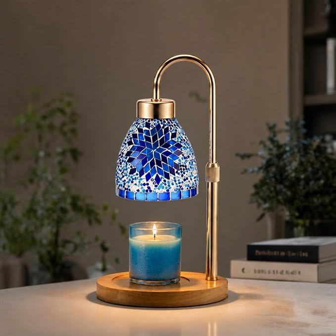 Baquler Turkish Candle Warmer Lamp with Timer Electric Dimmable Candle Warmer Turkish Table Lamp Adjustable Height Moroccan Decor Lighting for Women Birthday Gifts Bedroom Home Office Decor (Blue)