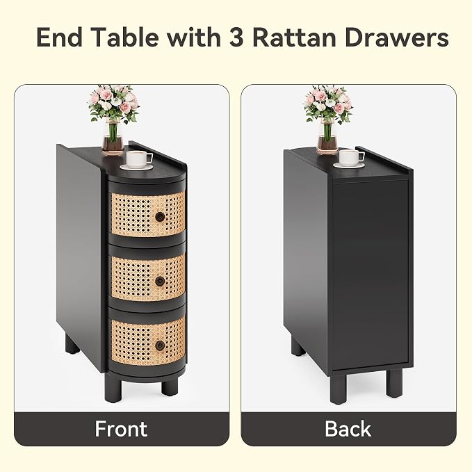 LITTLE TREE Solid Wood End Table Set of 2, Rattan Narrow Side Table with 3 Drawers, No Assembly Required, Nightstand Bedside Tables for Living Room, Bedroom, Office, Bathroom, Black