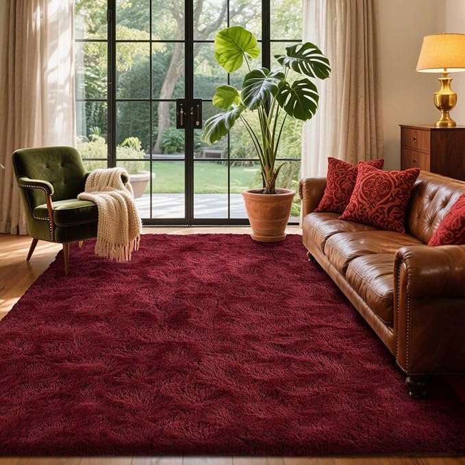 Area Rugs for Living Room, 5x8 Feet Soft Fluffy Shagg Plush Rug High Pile Large Indoor Modern Non-Slip Floor Carpet for Bedroom Nursery Girls Kids Home Room Dorm Decor Aesthetic Burgundy