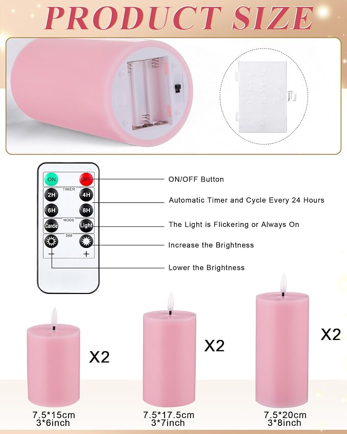 VIHOSE 6 Pack Pink Flameless Candles Set with Remote and Timer Flickering Flameless Battery Candles Flat Top LED Pillar for Wedding Outdoor Home Festival Decoration(D 3" H 6" 7" 8")