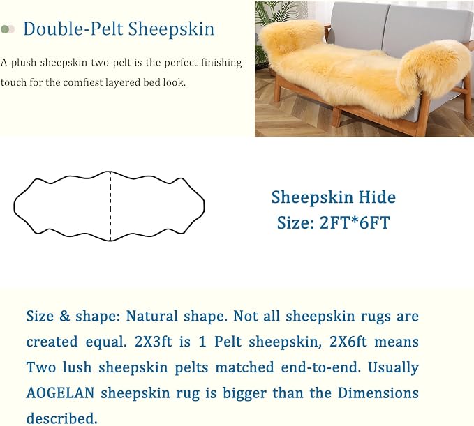 AOGELAN Premium Genuine Sheepskin Rug, Real Australia Sheepskin Natural Lambskin Fur Area Rug Seat Covers for Kids Bedroom Sofa Chair Cover Pets Dogs Mat Double Pelt/2FT*6FT Golden Yellow