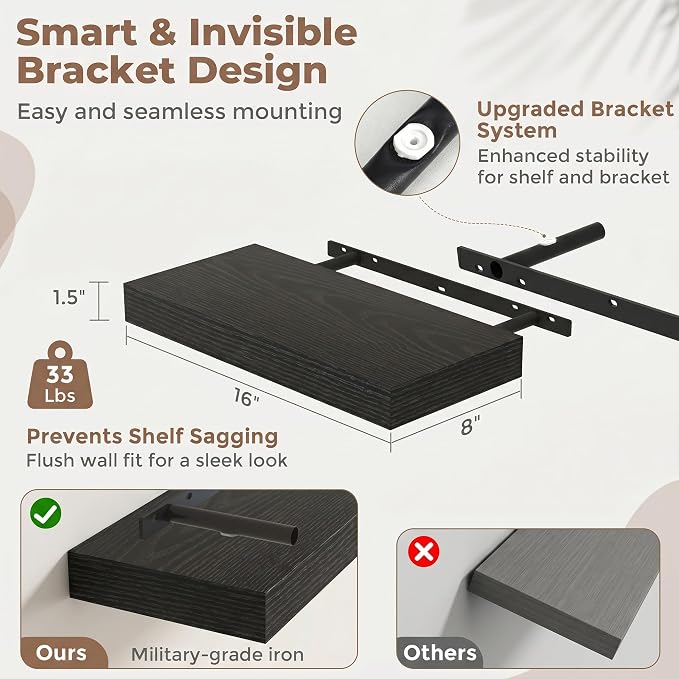 16 Inch Floating Shelves for Wall, 8"D Wood Storage Shelves, Black Finish | Engineered Wood, Invisible Bracket, Large Storage, Easy Install, Hold Up to 33lbs, Living Room, Bathroom, Bedroom, Kitchen