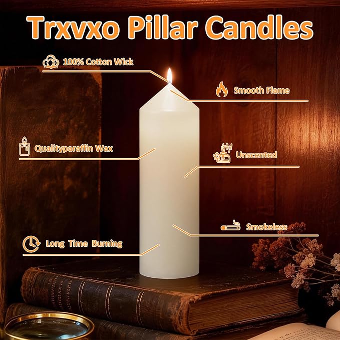 72 Pcs White Pillar Candles Bulk Set: 2-Inch Wide in 3 Heights (3, 4, 6 Inch). Dripless Unscented Smokeless Hurricane Candles for Wedding, Party, Event Decor to Create Warm Elegant Atmosphere.