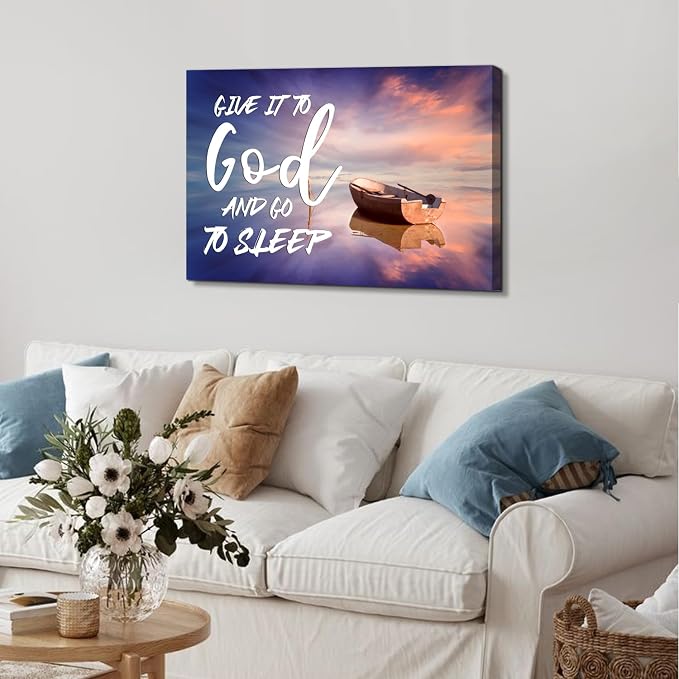 Give it to God and Go to Sleep Sign Wall Decor Master Bedroom Above Bed Christian Wall Art Beach Picture for Living Room Home Decorations Scripture Canvas Painting Wood Framed Modern Artwork 20x30''