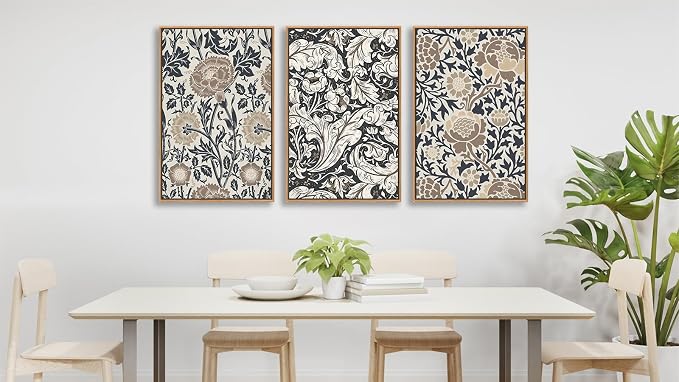Large Flowers Wall Art for Living Room Natural Wood Float Framed Art Set of 3 William Morris Floral Canvas Pictures Vintage Artwork Botanical Canvas Poster Prints for Bedroom Wall Decor 32"X48"X3