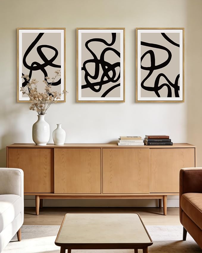 PHOPAGO Black and Gray Abstract Framed Wall Art Large 16x24in Decor Ink Wash Dark Brush Stroke Prints Shapes Illustrations Modern Art Decorative Ready To Hang - Natural Framed