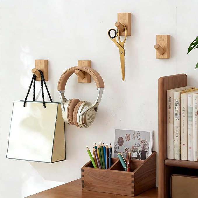 HomeDo Wall Hooks Hat Rack, Wooden Coat Hooks Wall Mounted, Decorative Hooks Single Organizer Hat Hanger Towel Rack, Heavy Duty Hooks (Rectangle-Beech,10P)