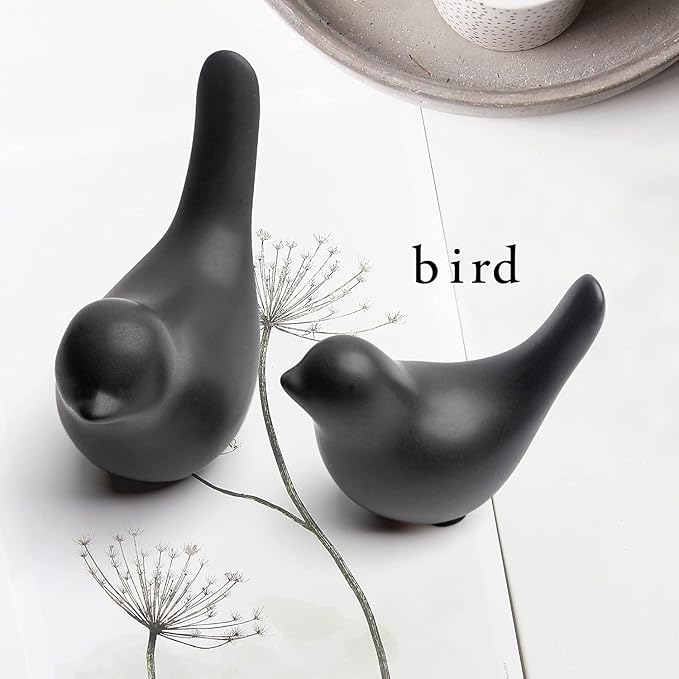 2 Pcs Ceramic Small Bird Figurines Modern Animal Statues for Home 、Room Decor and Bedroom Decor and Bookshelf Display (Black)