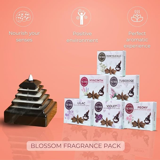 Blossom - Backflow Incense Cones for Waterfall - Scented Inscents-Cones - Peony, Lilac, Hyacinth, Tuberose, Honeysuckle, Violet - Insiensos Aromaticos - 6x10=60 Large Variety Pack