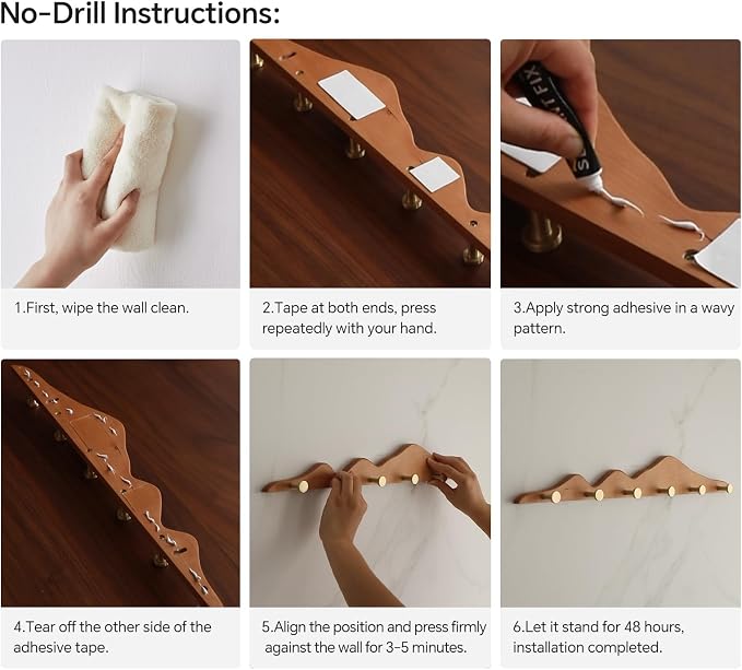 Elegant Wall Coat Rack with Hooks Cherry Wood Solid Coat Hanger Wall Mount with 6 Brass Hooks, Moisture-Resistant Wax Oil Finish for Home (Cherry, 6 Hooks)
