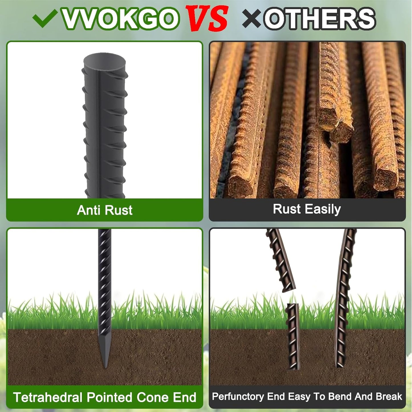 VVOKGO Rebar Stakes 15 Inches Ground Concrete Form Stakes (16pcs), 3/8" Diameter Straight Metal Spikes Heavy Duty with Chisel Point End, Steel Anchors for Fence, Concrete Timber, Garden Plants, Black