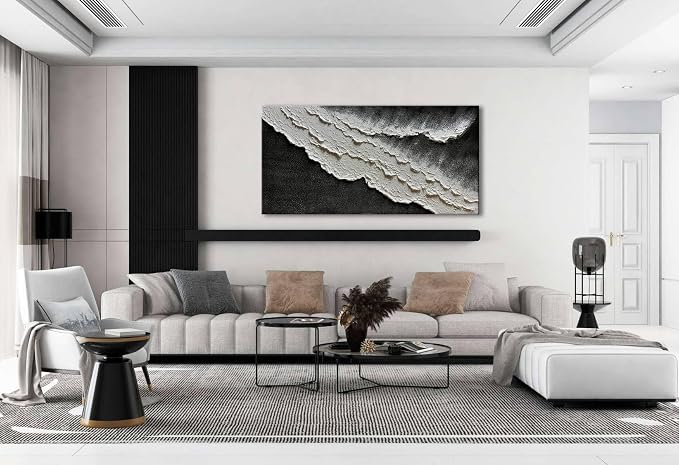 zoinart Hand Painted Large Textured Wall Art, 60x30 Inches Abstract Modern Ocean Wave Paintings, Black and White Beach Wall Art for Living Room Bedroom Wall Decor