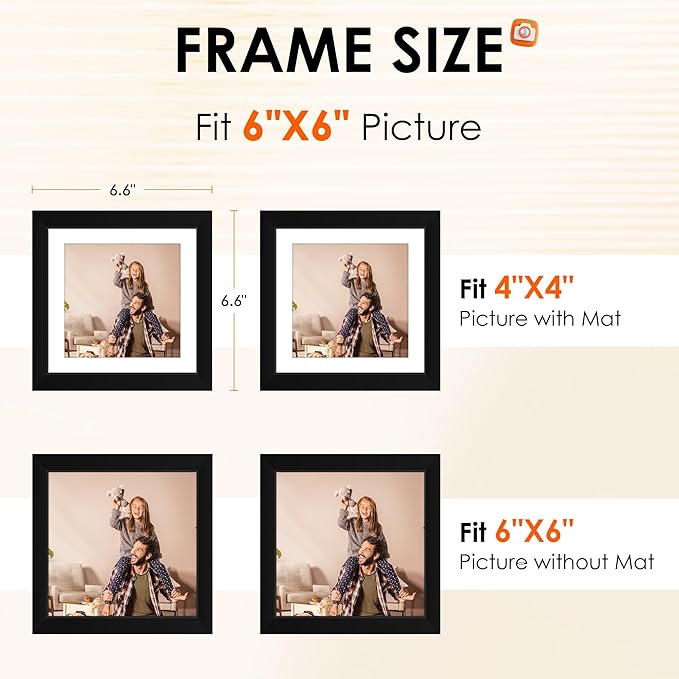 FIXSMITH 6x6 Picture Frame Set of 2, Photo Frame with HD Plexiglass, Display Pictures 4x4 with Mat or 6x6 Without Mat Multi Picture Frames Collage for Tabletop or Wall Display, Black