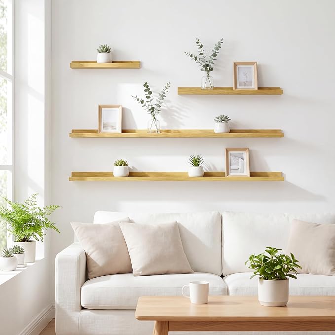 Acovy Floating Shelves Set of 6, 16 Inch Wall Mounted Picture Ledge Shelf with Lip, Oak Display Shelves for Living Room, Bedroom, Nursery, Bathroom & Kitchen
