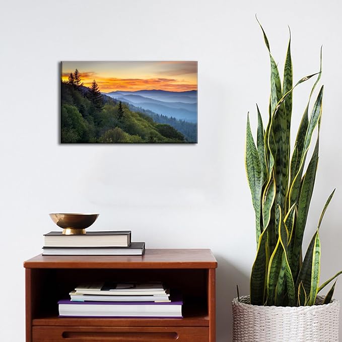 Sunset Mountain Wall Art for Living Room Blue Ridge Mountains Picture National Park Landscape Poster Nature Photo Canvas Prints Trees Forest Painting Framed Artwork Home Office Decorations 12x16”