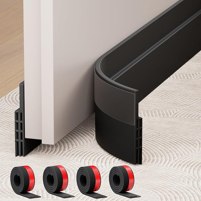 Hojoy 4 Pack Under Door Draft Stopper, Adjustable Door Sweep Anti-Collision Strong Adhesive Weather Stripping Tape Soundproof Draught Stoppers 2" W x 39" L, Black