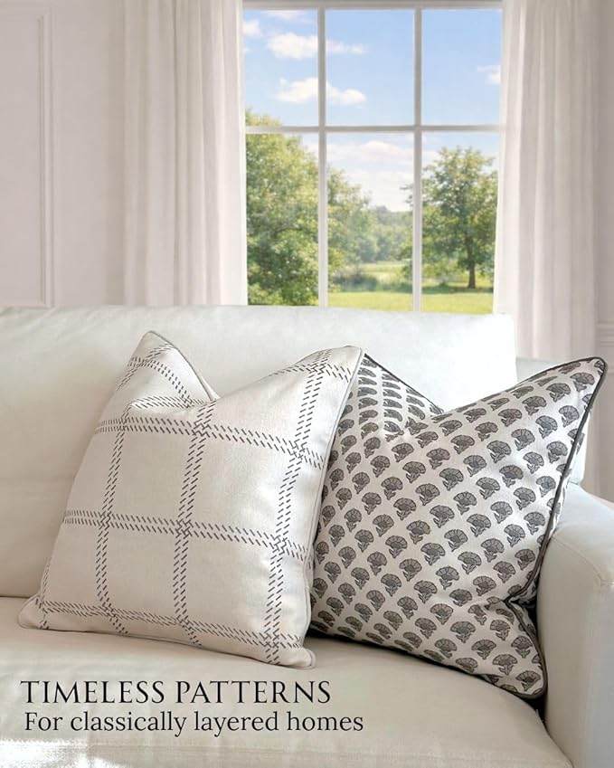 Jillien Harbor The Elliot Patterned Throw Pillow Cover – Checkered Pillow Print Polycotton Designer Accent for Farmhouse Decor, Decorative Pillow Cover, Fits 20 Inch Insert, 18 x 18 Inches, Brown