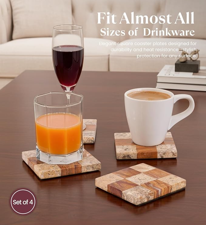 Marble Coasters Set of 4, Coral & Red Handmade 4 inch Square Natural Marble Coaster, Elegant Drink Checkered Coasters for Coffee Table, Stylish Bar Accessories & Home Décor