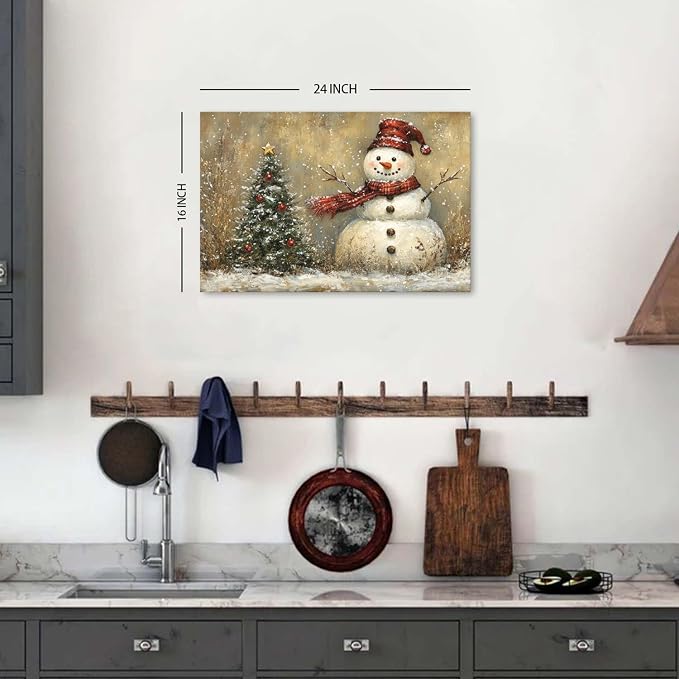 Christmas Snowman Wall Art Farmhouse Winter Snow Scene Holiday Prints Artwork for Bedroom Living Room Vintage Christmas Decor Green Pine Tree Picture Bathroom Fireplace Xmas Home Decoration 16x24"